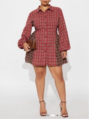 Fashion No a Plaid Button-Front Shirt Dress in Red Size 1XL